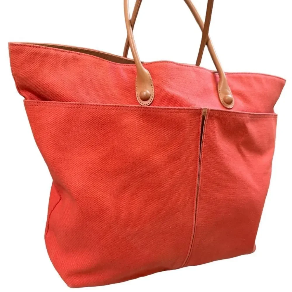 TUSK ITALIAN ORANGE BLUSH CANVAS TOTE HUGE W LARGE FRONT POCKETS, LEATHER STRAPS - Picture 5 of 11